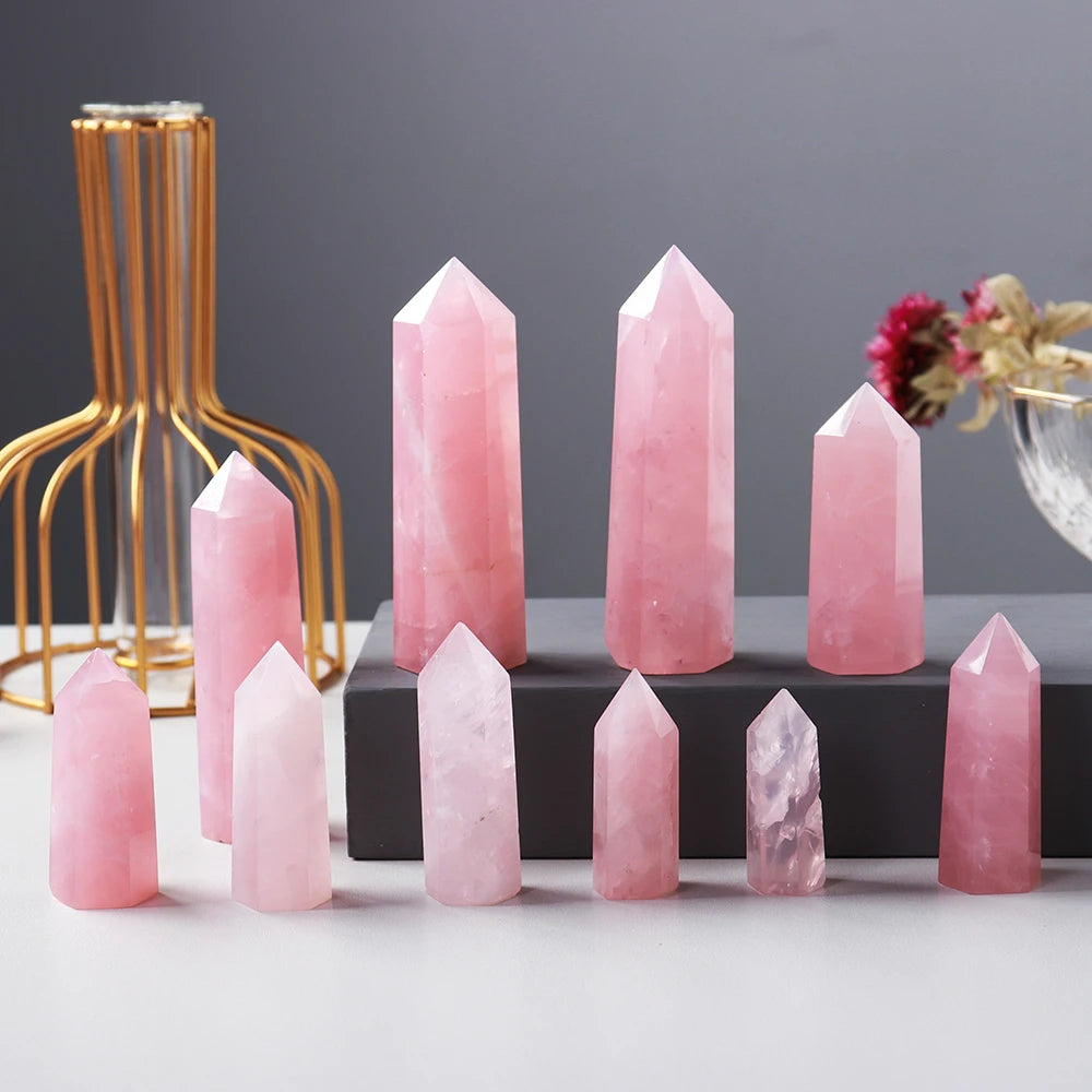 Natural Pink Crystal Point Rose Quartz Crystal hexagonal prism ornament magic wand Healing Gemstone Crystal Tower