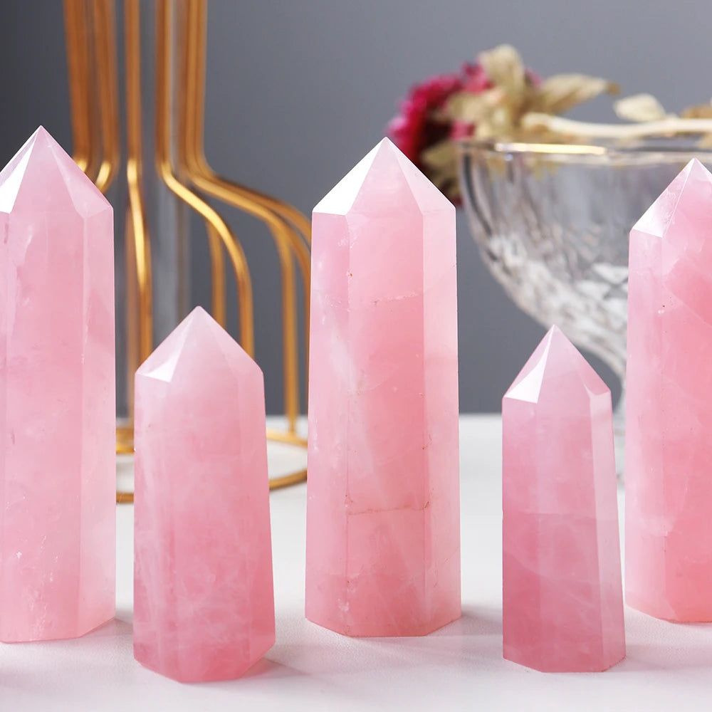 Natural Pink Crystal Point Rose Quartz Crystal hexagonal prism ornament magic wand Healing Gemstone Crystal Tower