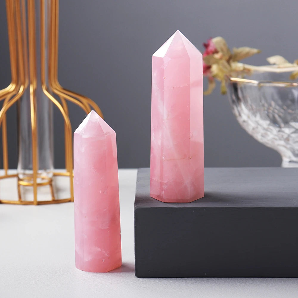 Natural Pink Crystal Point Rose Quartz Crystal hexagonal prism ornament magic wand Healing Gemstone Crystal Tower