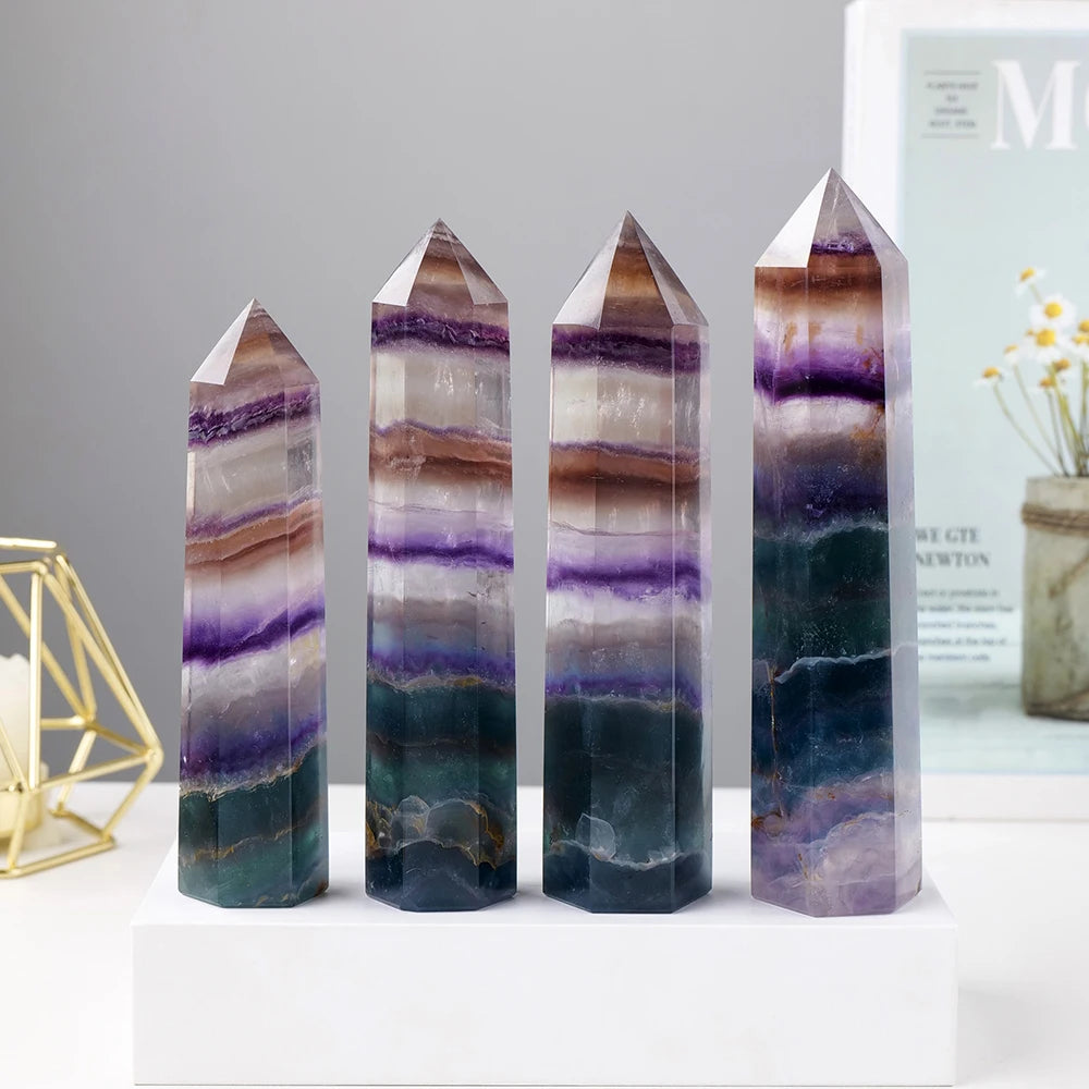 Natural  Purple And Green Striped Fluorite Big Crystal Wand Magic Point   Obelisk Quartz For Home Decoration