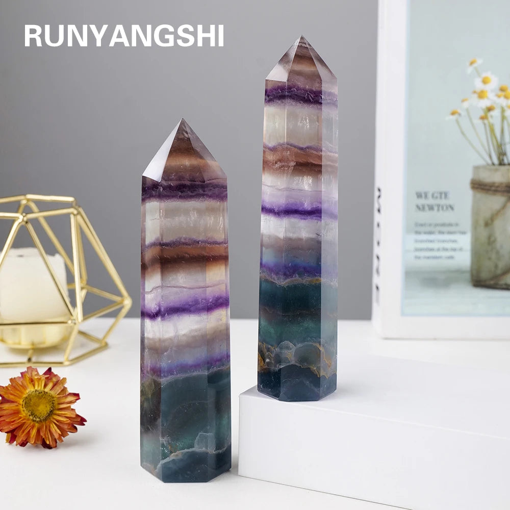 Natural  Purple And Green Striped Fluorite Big Crystal Wand Magic Point   Obelisk Quartz For Home Decoration