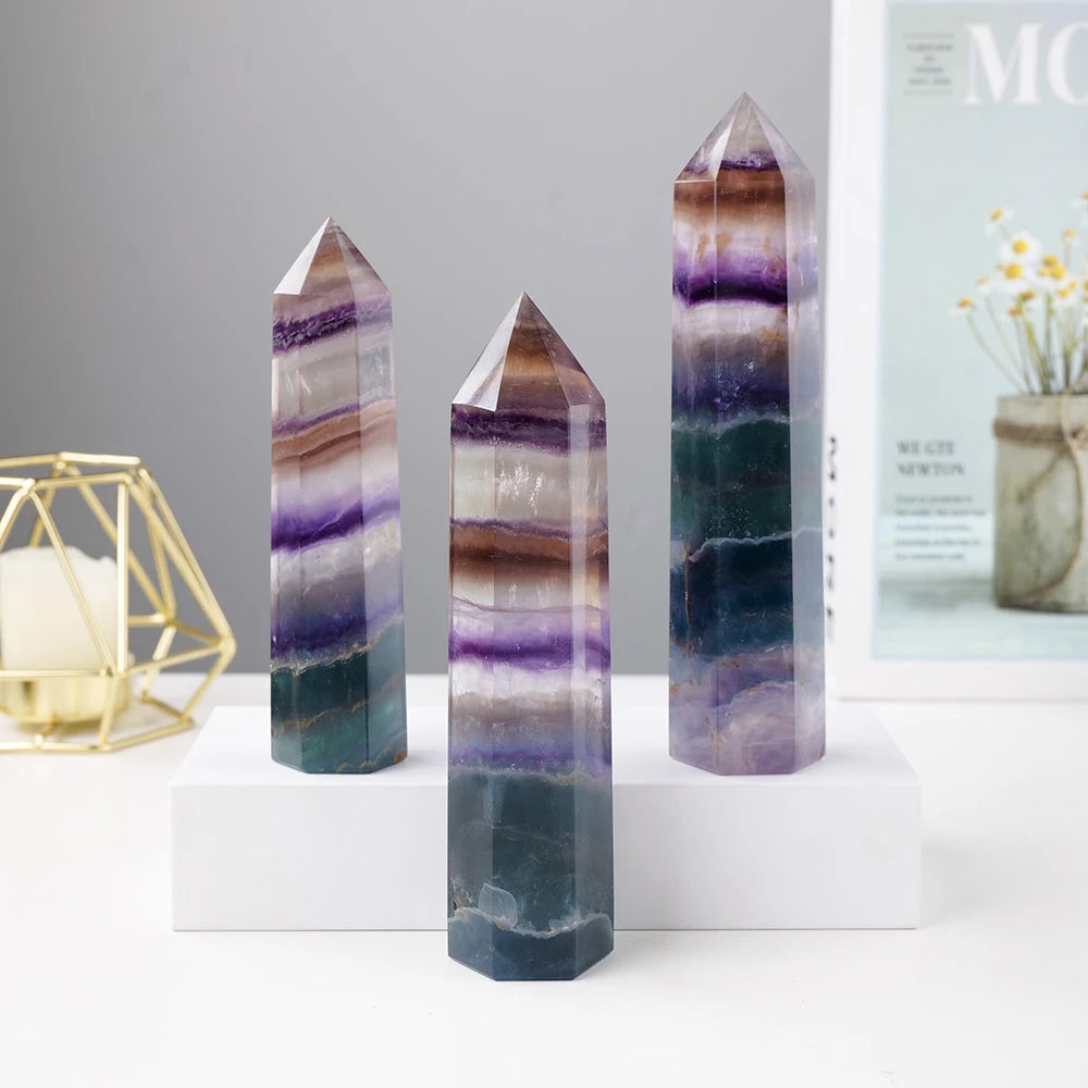 Natural  Purple And Green Striped Fluorite Big Crystal Wand Magic Point   Obelisk Quartz For Home Decoration