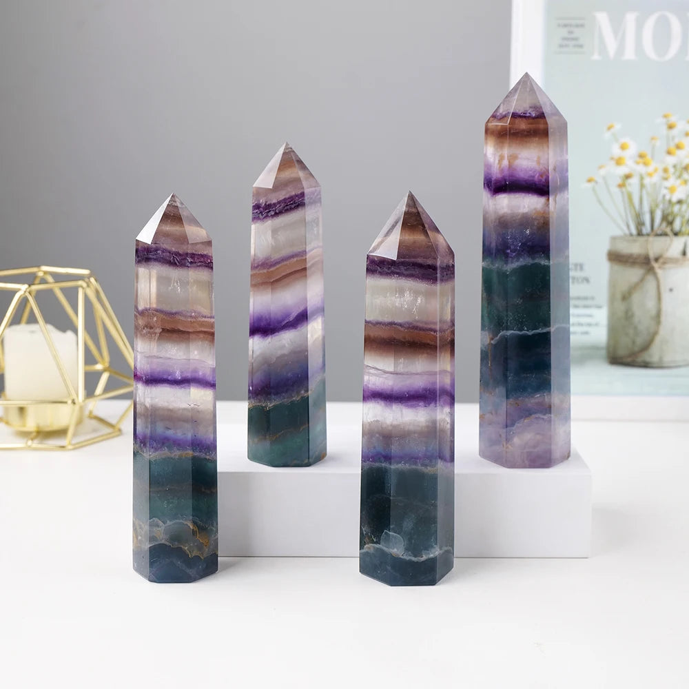 Natural  Purple And Green Striped Fluorite Big Crystal Wand Magic Point   Obelisk Quartz For Home Decoration