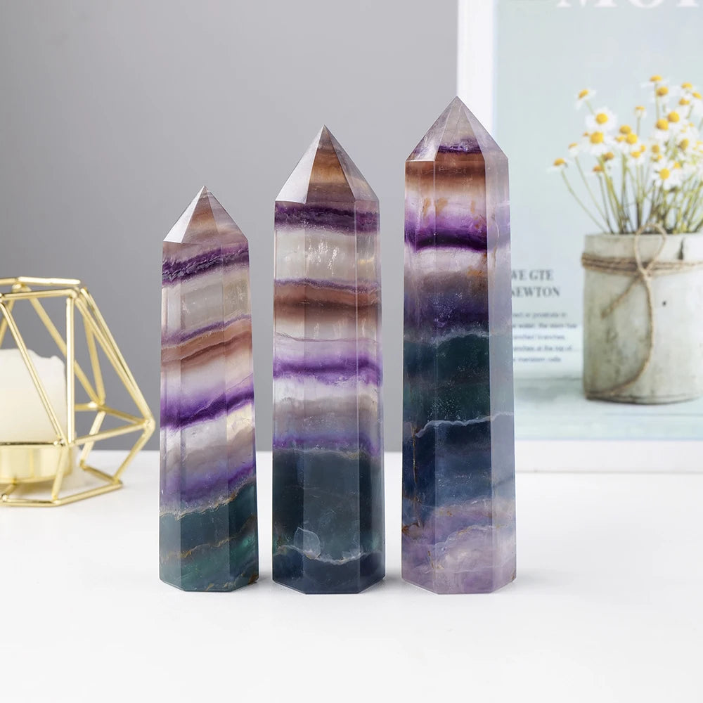 Natural  Purple And Green Striped Fluorite Big Crystal Wand Magic Point   Obelisk Quartz For Home Decoration