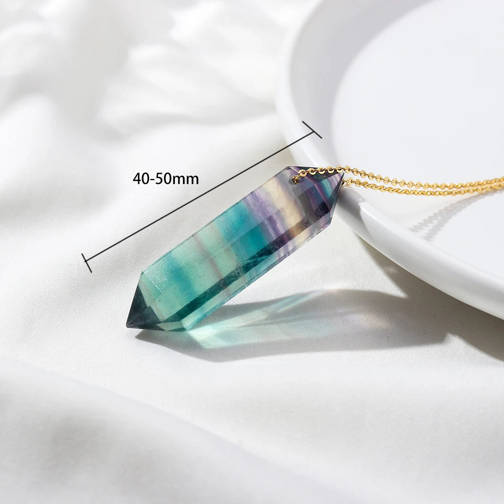 Natural Rainbow Fluorite Crystal Column Double Point Pendant Striped Fluorite Crystal Wand Reiky Gemstone Necklace Female Gift