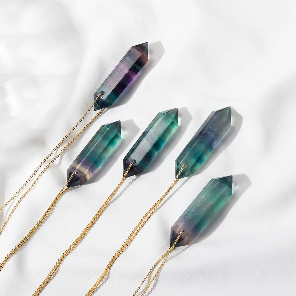 Natural Rainbow Fluorite Crystal Column Double Point Pendant Striped Fluorite Crystal Wand Reiky Gemstone Necklace Female Gift