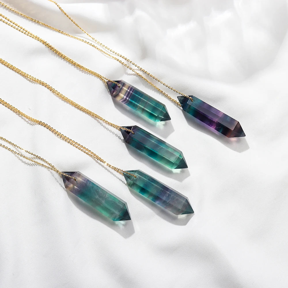 Natural Rainbow Fluorite Crystal Column Double Point Pendant Striped Fluorite Crystal Wand Reiky Gemstone Necklace Female Gift