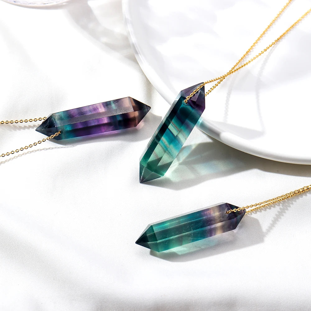 Natural Rainbow Fluorite Crystal Column Double Point Pendant Striped Fluorite Crystal Wand Reiky Gemstone Necklace Female Gift