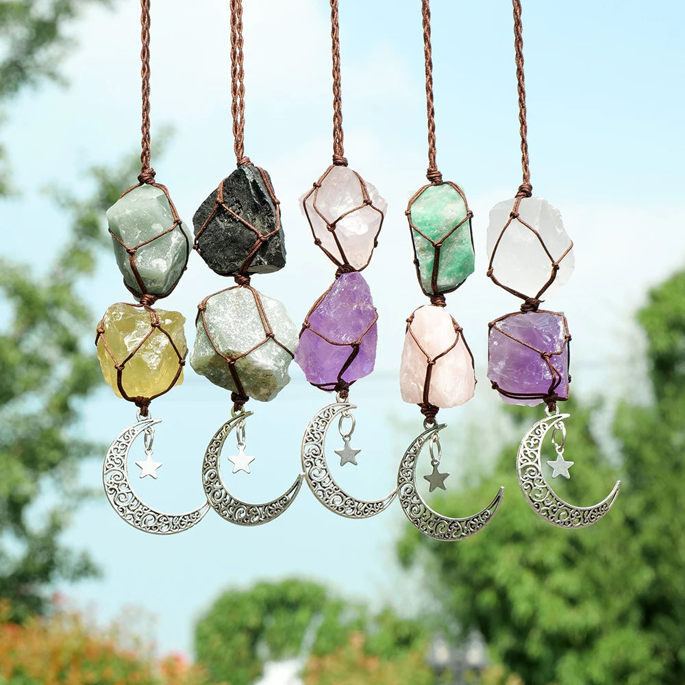 Natural Raw Stone Crystal Chakra Pendant Rose Quartz Amethyst Net Bag  Home Wall Hanging Decor & Car Pendant Ornament Gift