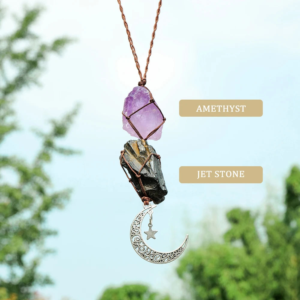 Natural Raw Stone Crystal Chakra Pendant Rose Quartz Amethyst Net Bag  Home Wall Hanging Decor & Car Pendant Ornament Gift