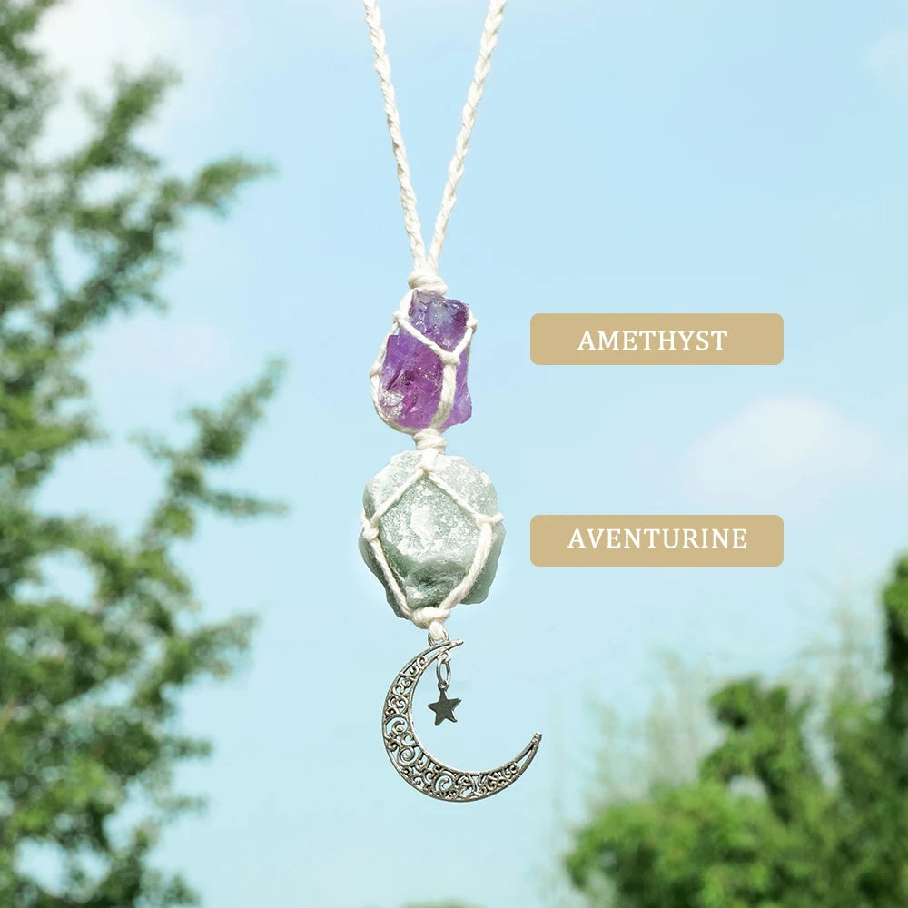 Natural Raw Stone Crystal Chakra Pendant Rose Quartz Amethyst Net Bag  Home Wall Hanging Decor & Car Pendant Ornament Gift