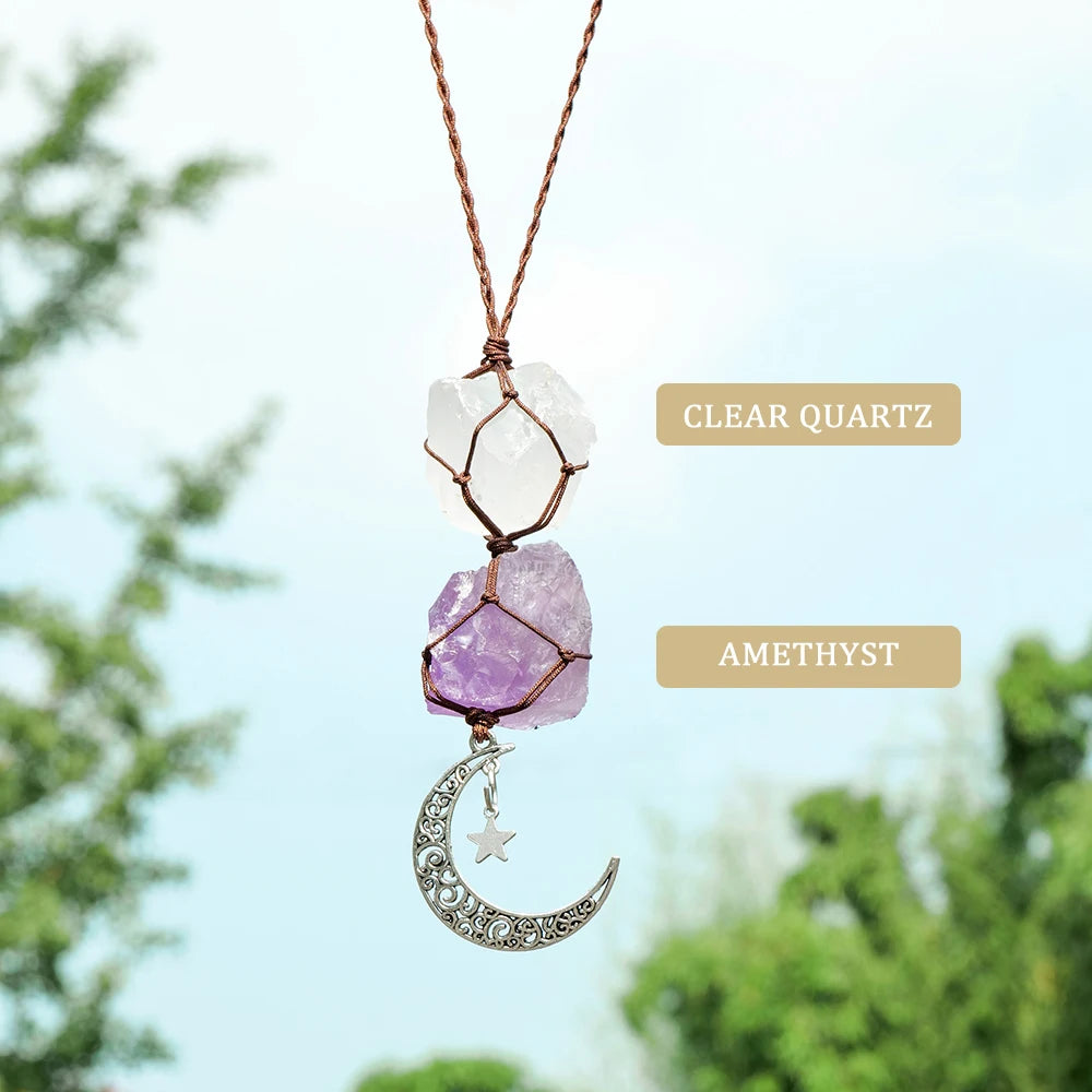 Natural Raw Stone Crystal Chakra Pendant Rose Quartz Amethyst Net Bag  Home Wall Hanging Decor & Car Pendant Ornament Gift