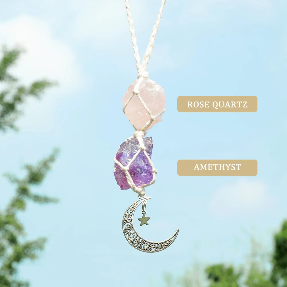 Natural Raw Stone Crystal Chakra Pendant Rose Quartz Amethyst Net Bag  Home Wall Hanging Decor & Car Pendant Ornament Gift