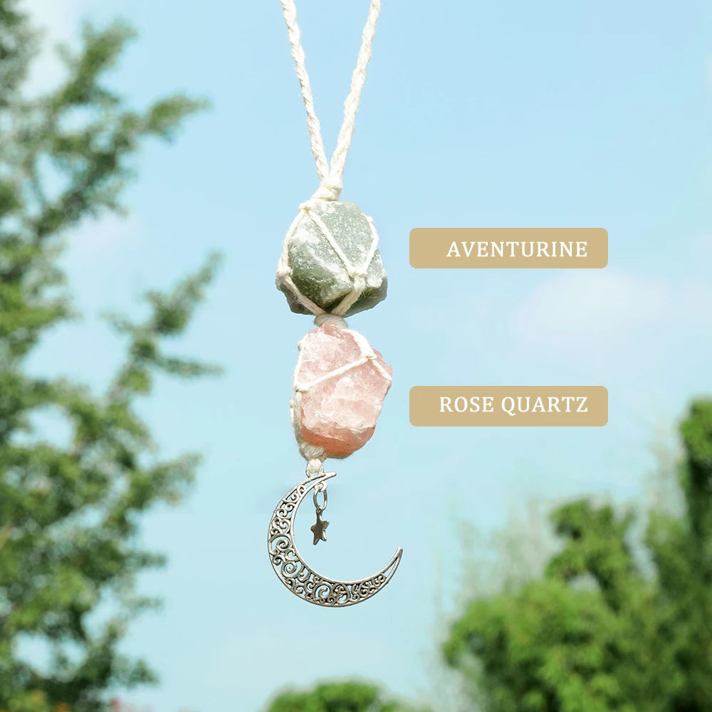 Natural Raw Stone Crystal Chakra Pendant Rose Quartz Amethyst Net Bag  Home Wall Hanging Decor & Car Pendant Ornament Gift