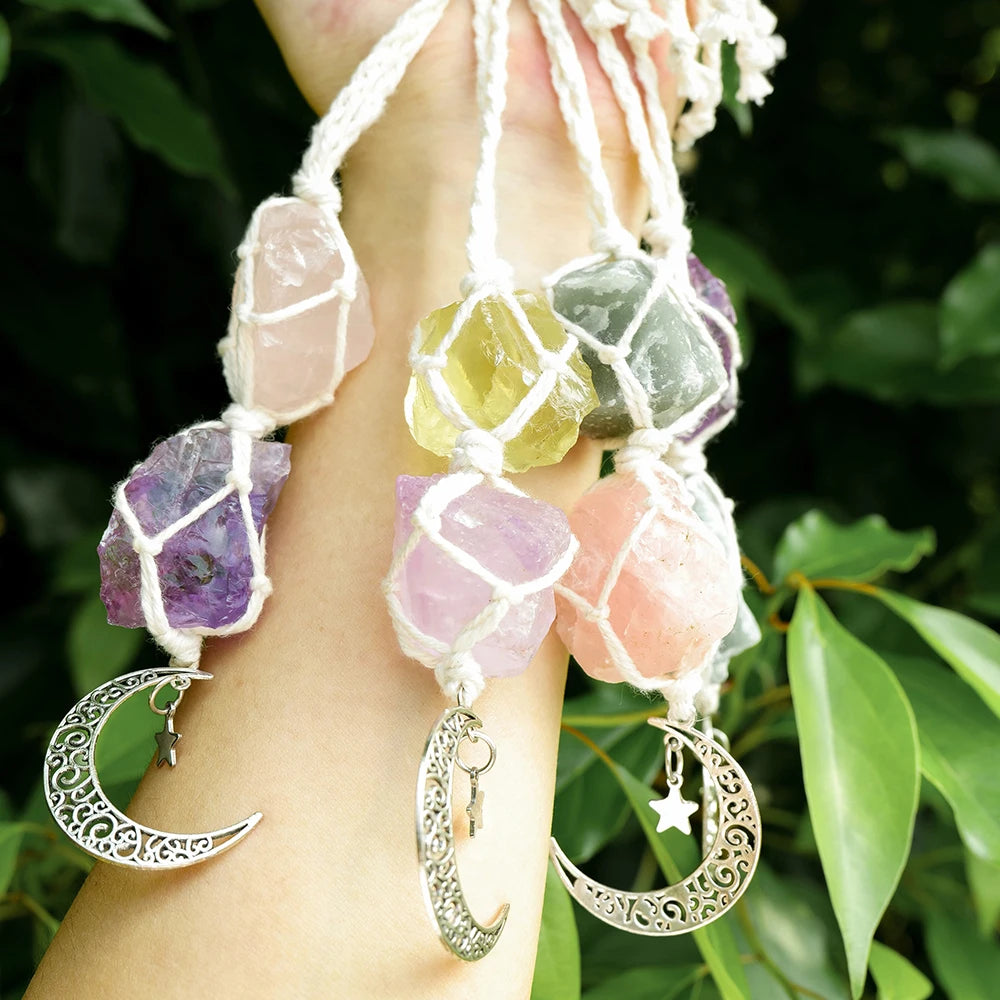 Natural Raw Stone Crystal Chakra Pendant Rose Quartz Amethyst Net Bag  Home Wall Hanging Decor & Car Pendant Ornament Gift