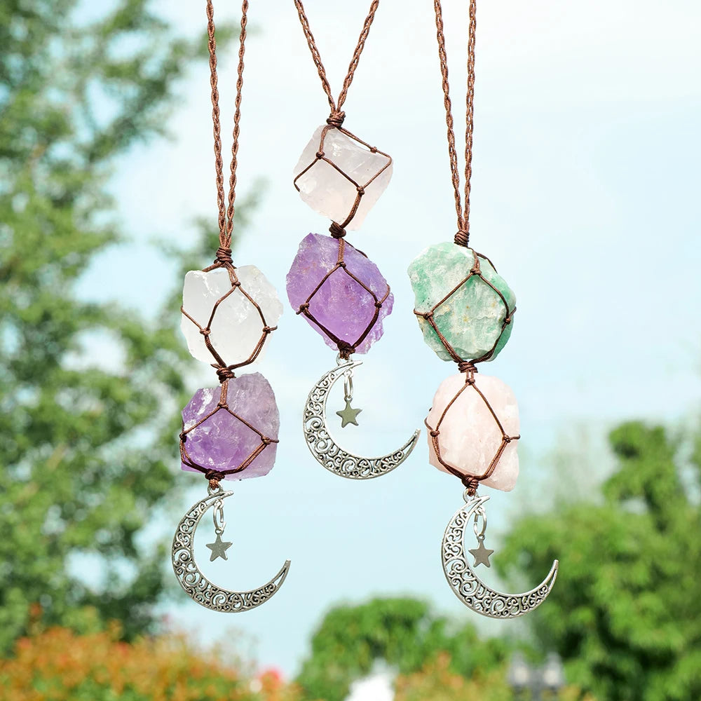 Natural Raw Stone Crystal Chakra Pendant Rose Quartz Amethyst Net Bag  Home Wall Hanging Decor & Car Pendant Ornament Gift