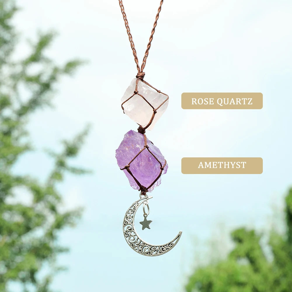 Natural Raw Stone Crystal Chakra Pendant Rose Quartz Amethyst Net Bag  Home Wall Hanging Decor & Car Pendant Ornament Gift