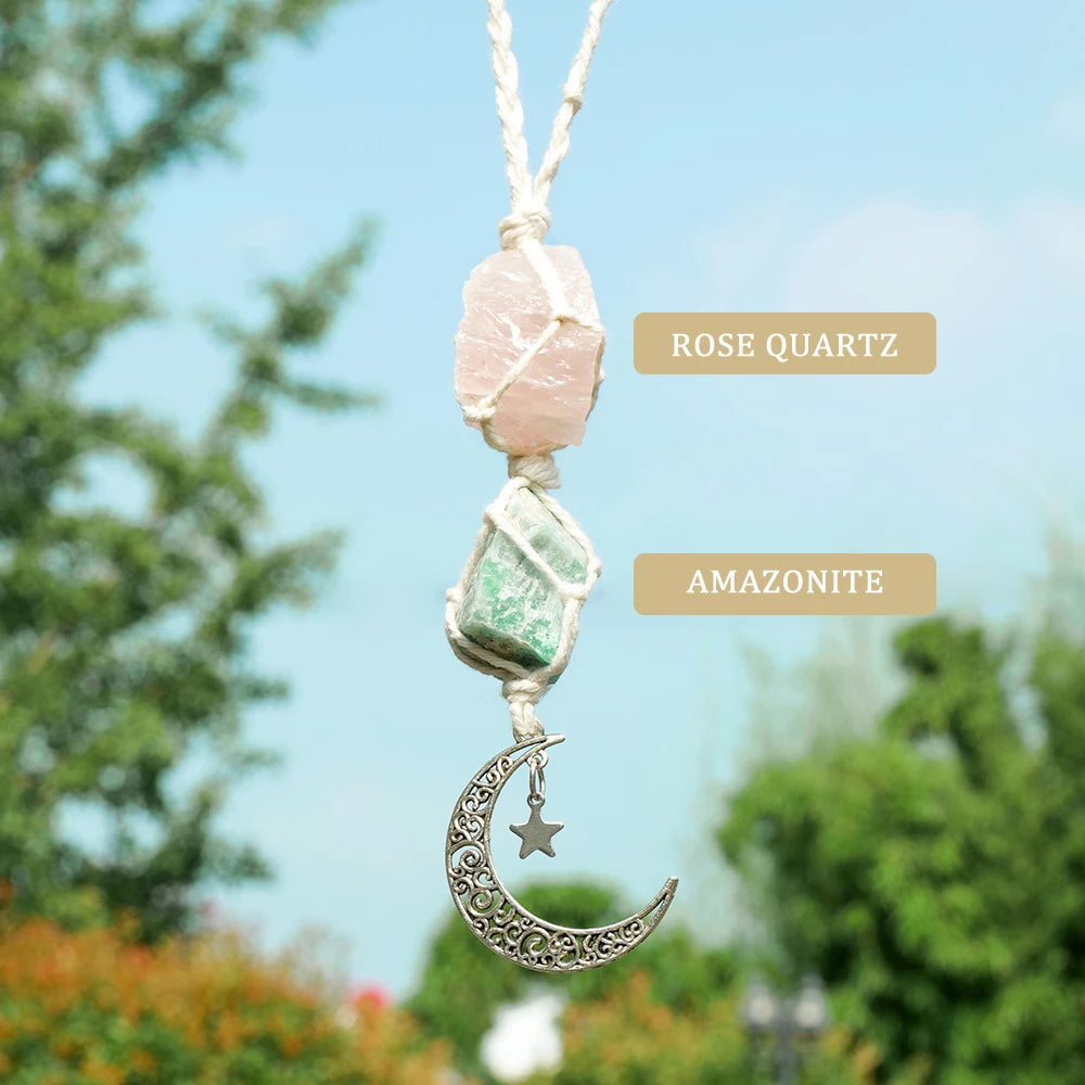 Natural Raw Stone Crystal Chakra Pendant Rose Quartz Amethyst Net Bag  Home Wall Hanging Decor & Car Pendant Ornament Gift