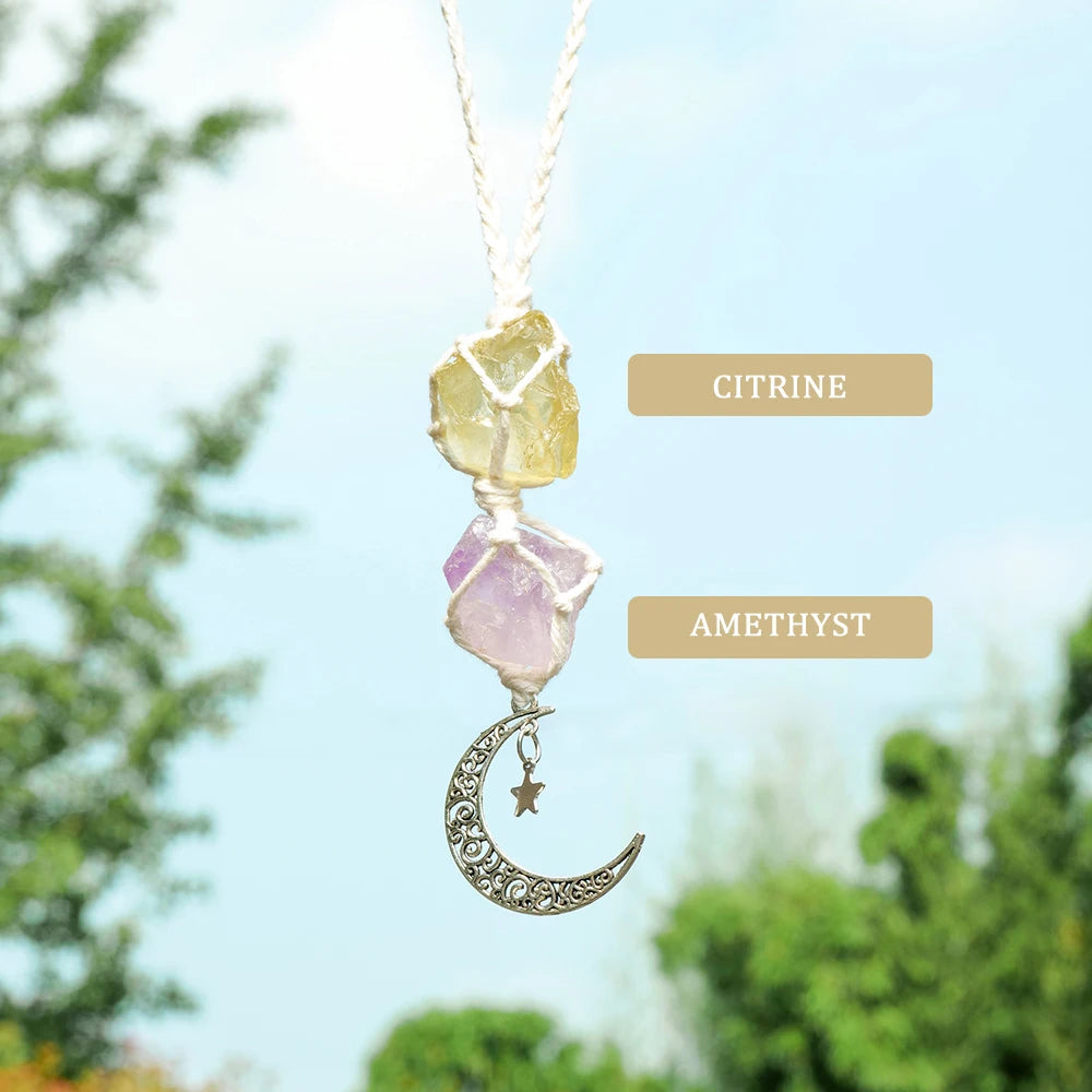 Natural Raw Stone Crystal Chakra Pendant Rose Quartz Amethyst Net Bag  Home Wall Hanging Decor & Car Pendant Ornament Gift