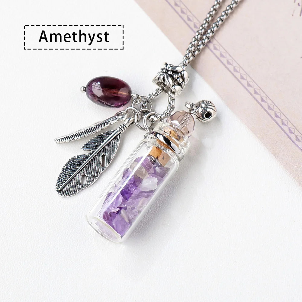 Natural Rose Quartz Amethyst Fragrance Essential Oil Bottle Crystal Pendant Gravel Gemstone Wishing Bottle Sweater Chain