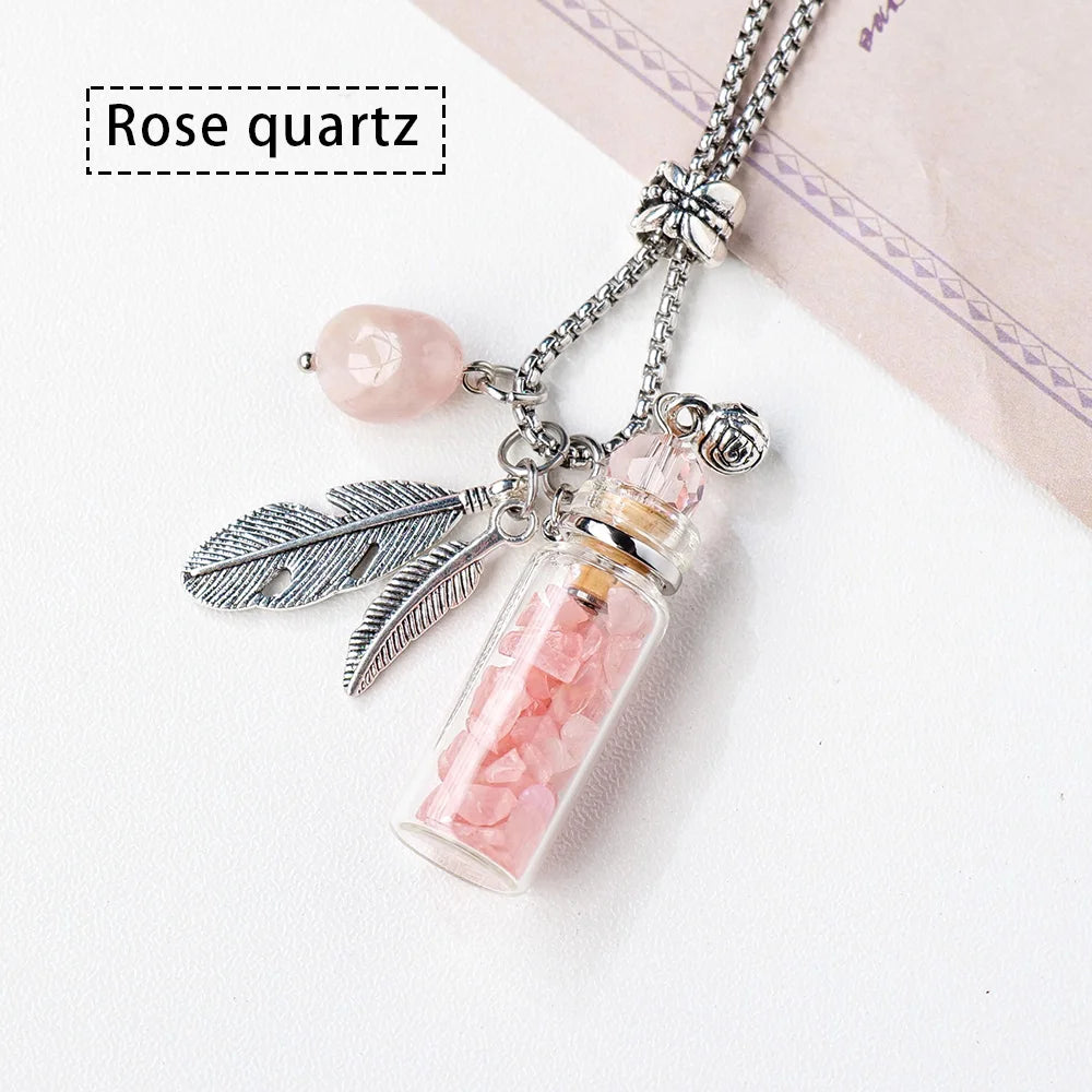 Natural Rose Quartz Amethyst Fragrance Essential Oil Bottle Crystal Pendant Gravel Gemstone Wishing Bottle Sweater Chain