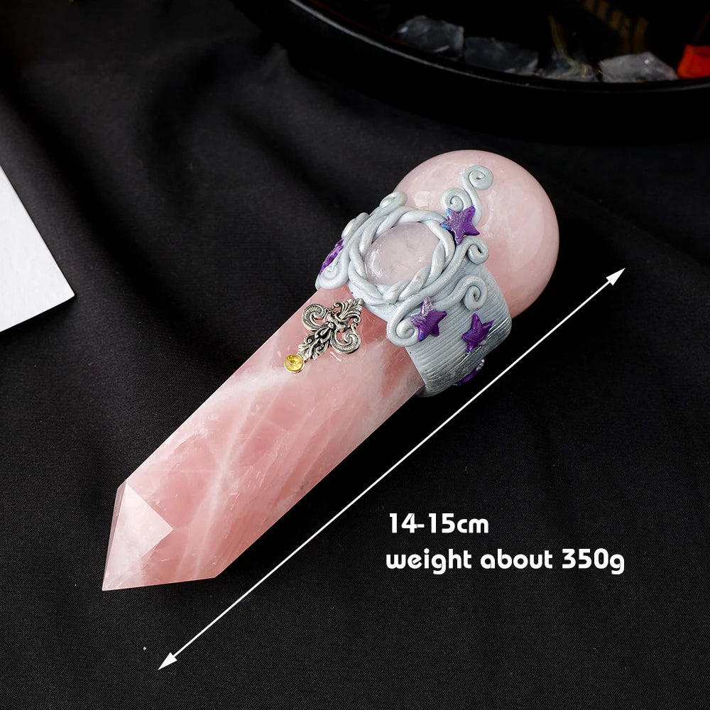 Natural Rose Quartz Magic Wand Crystal Sphere DIY Crystal Scepter Witchcraft & Divination Energy Gemstone Home Decoration