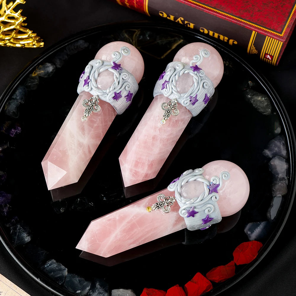 Natural Rose Quartz Magic Wand Crystal Sphere DIY Crystal Scepter Witchcraft & Divination Energy Gemstone Home Decoration