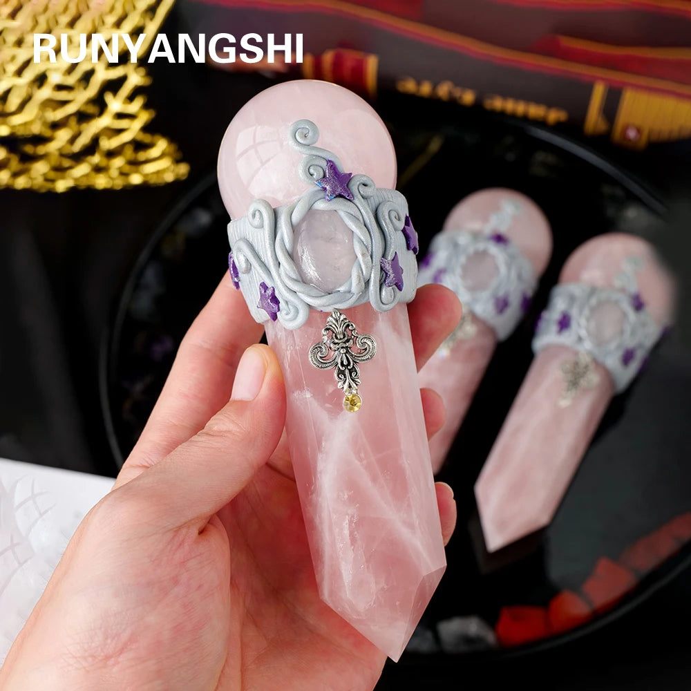 Natural Rose Quartz Magic Wand Crystal Sphere DIY Crystal Scepter Witchcraft & Divination Energy Gemstone Home Decoration