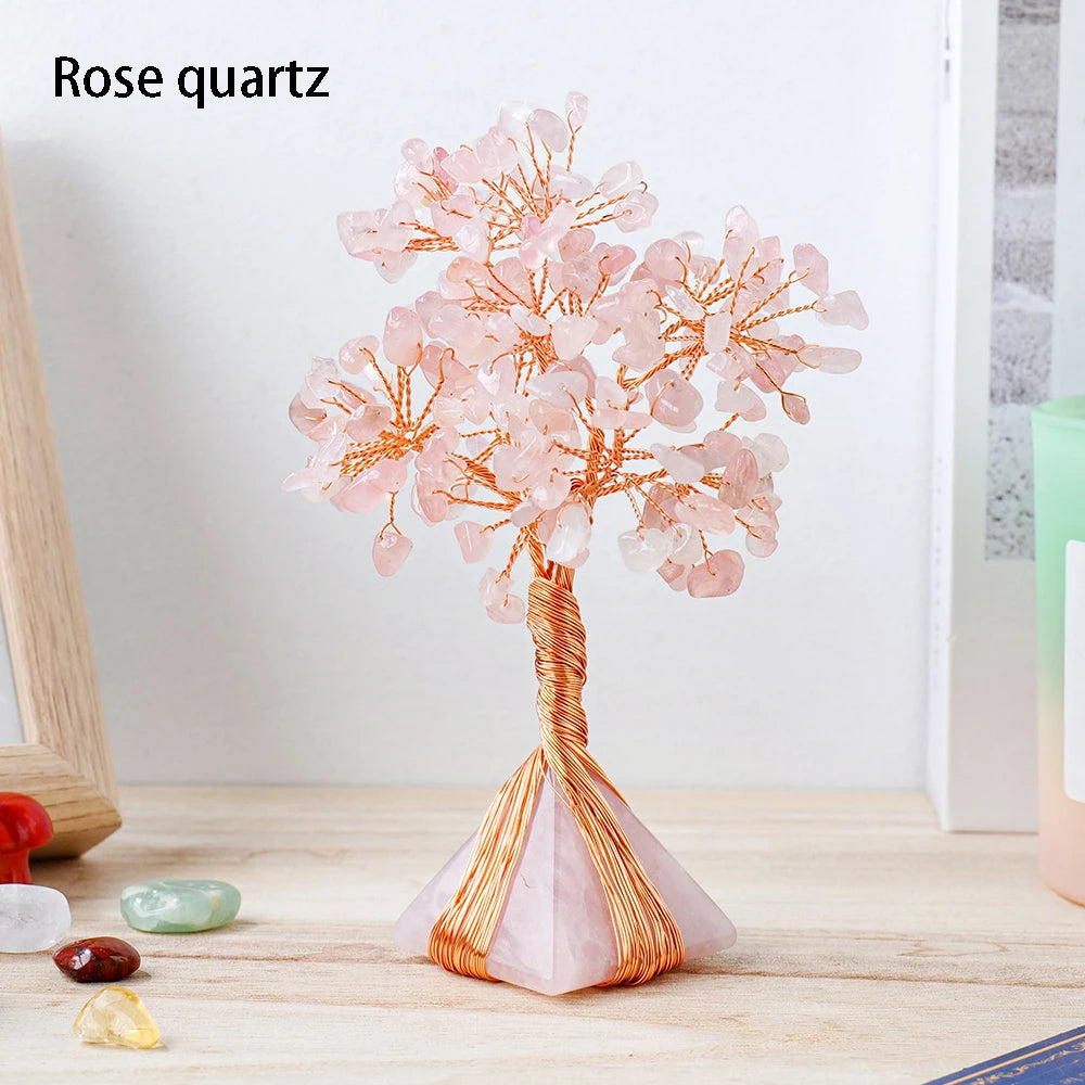 Natural Rose Quartz Money Tree Seven Chakra Gemstone Pyramid Crystal Base Sculpture Figurine Home Goods Decoration