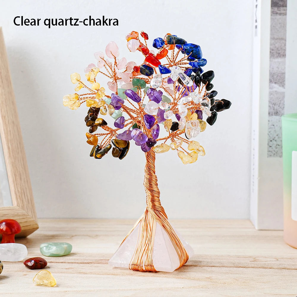 Natural Rose Quartz Money Tree Seven Chakra Gemstone Pyramid Crystal Base Sculpture Figurine Home Goods Decoration