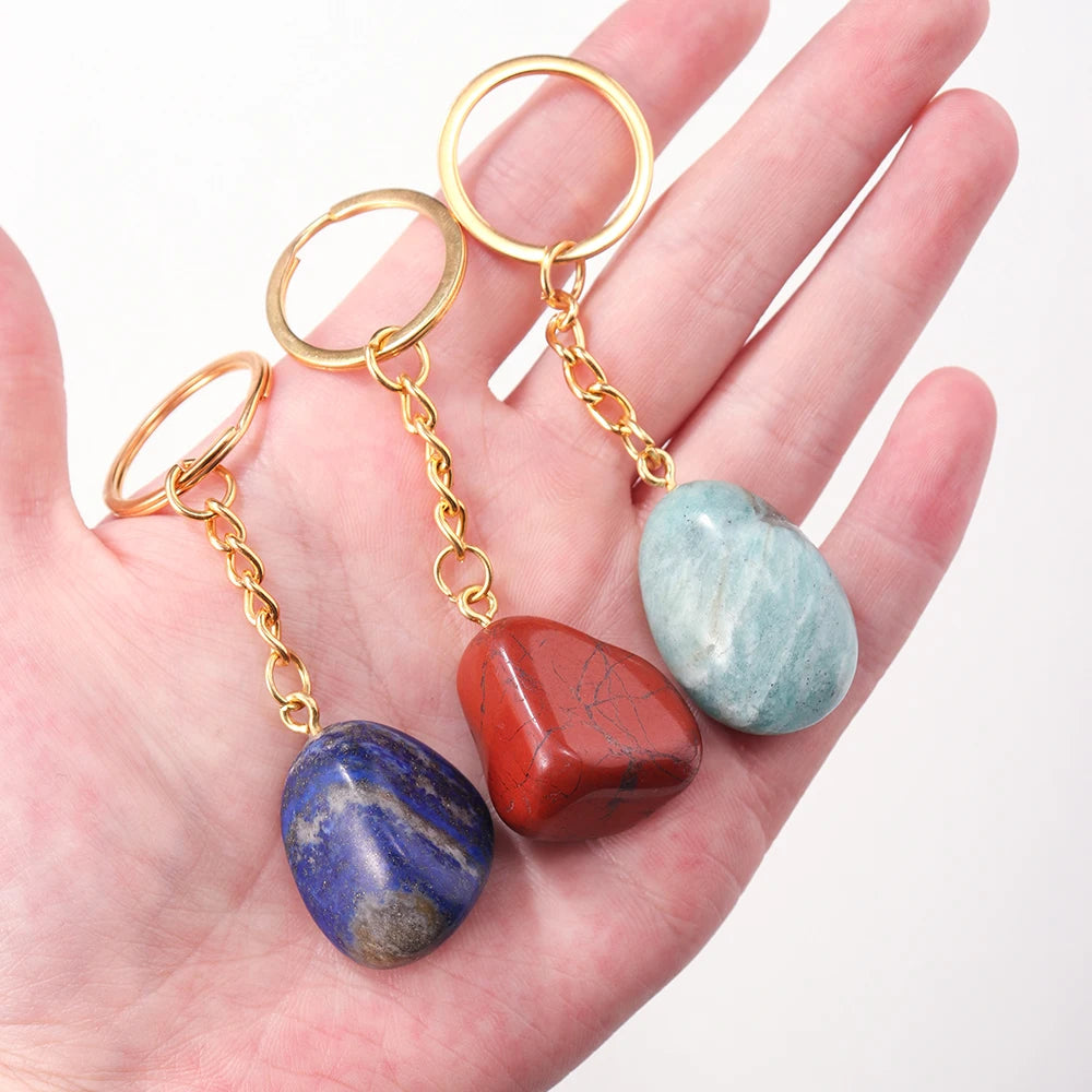 Natural Rough Stone Healing Crystal Golden Chain Keychains Amethyst Rose Quartz Pendant Gemstone KeyRing Charm for Women