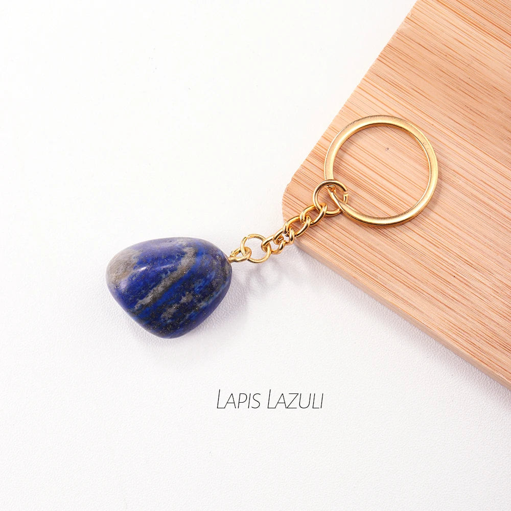 Natural Rough Stone Healing Crystal Golden Chain Keychains Amethyst Rose Quartz Pendant Gemstone KeyRing Charm for Women