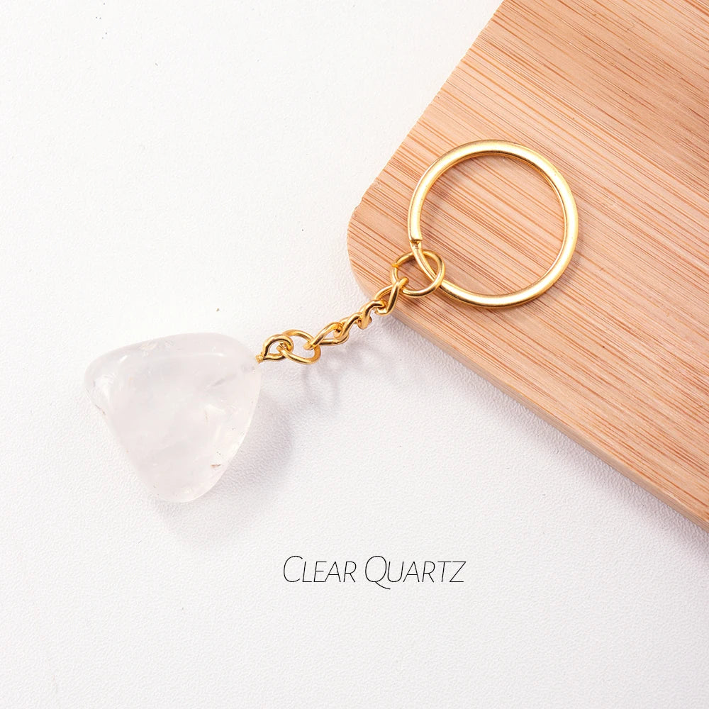 Natural Rough Stone Healing Crystal Golden Chain Keychains Amethyst Rose Quartz Pendant Gemstone KeyRing Charm for Women