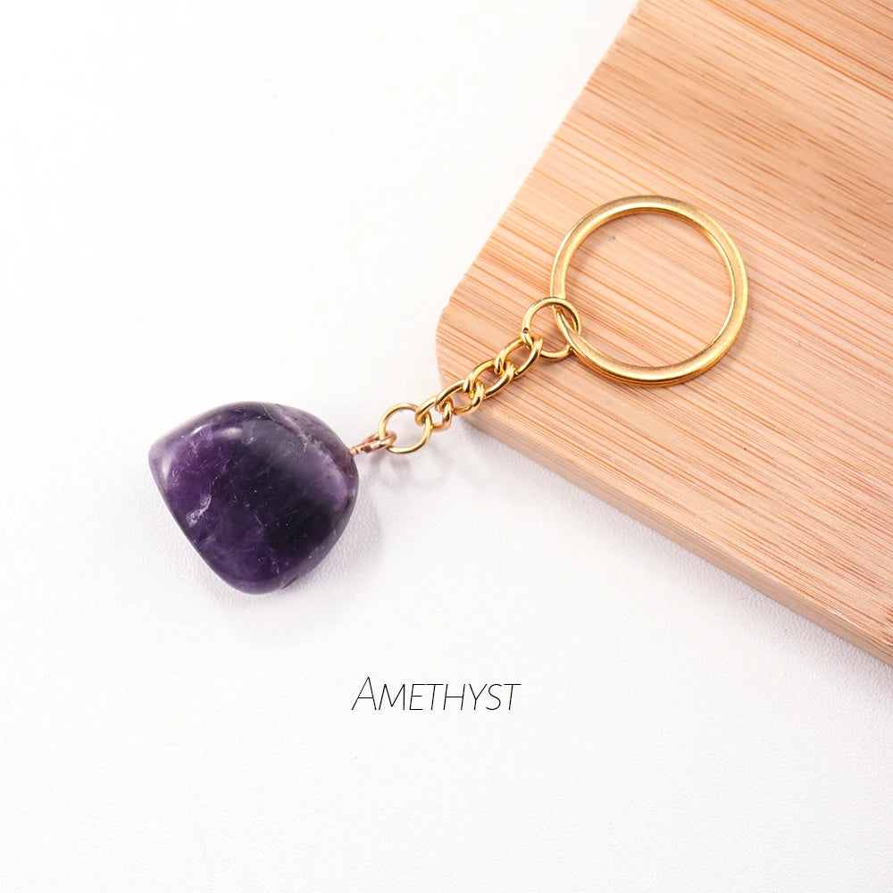 Natural Rough Stone Healing Crystal Golden Chain Keychains Amethyst Rose Quartz Pendant Gemstone KeyRing Charm for Women