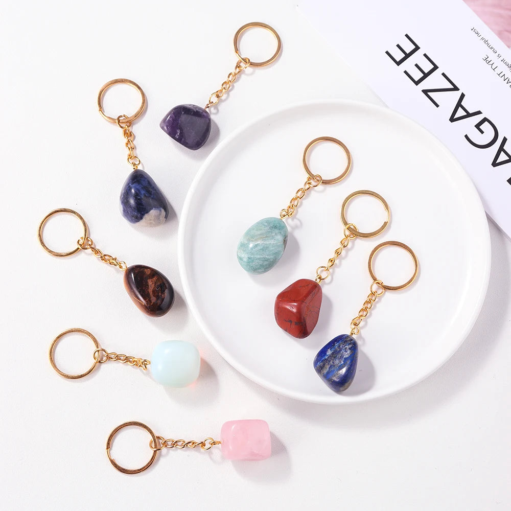 Natural Rough Stone Healing Crystal Golden Chain Keychains Amethyst Rose Quartz Pendant Gemstone KeyRing Charm for Women