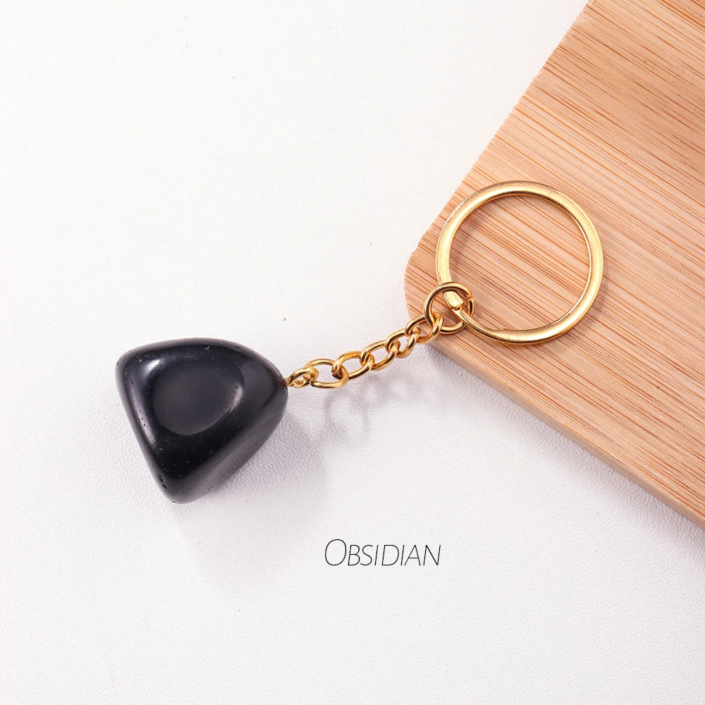 Natural Rough Stone Healing Crystal Golden Chain Keychains Amethyst Rose Quartz Pendant Gemstone KeyRing Charm for Women