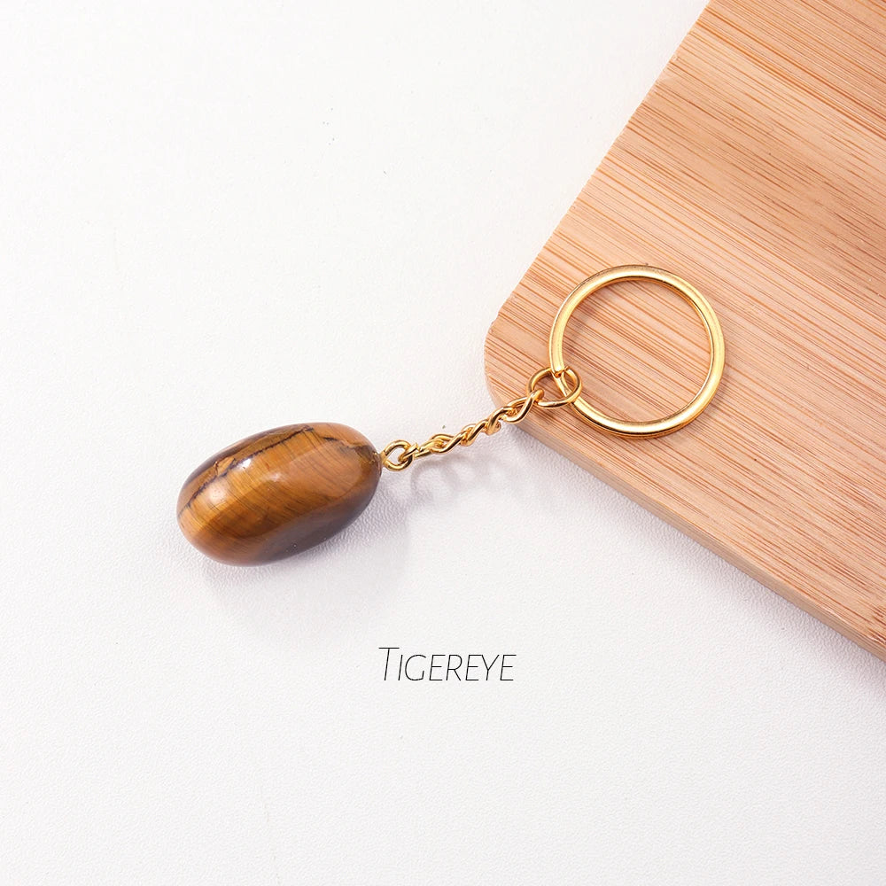 Natural Rough Stone Healing Crystal Golden Chain Keychains Amethyst Rose Quartz Pendant Gemstone KeyRing Charm for Women