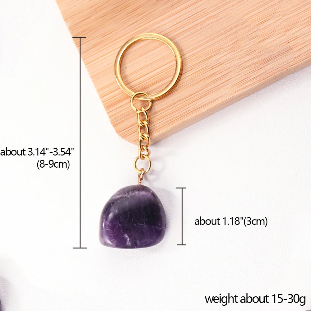 Natural Rough Stone Healing Crystal Golden Chain Keychains Amethyst Rose Quartz Pendant Gemstone KeyRing Charm for Women