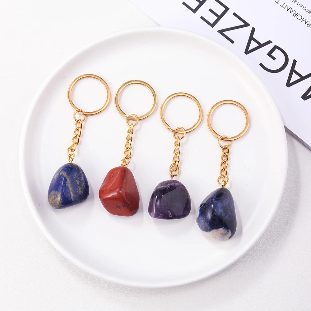 Natural Rough Stone Healing Crystal Golden Chain Keychains Amethyst Rose Quartz Pendant Gemstone KeyRing Charm for Women