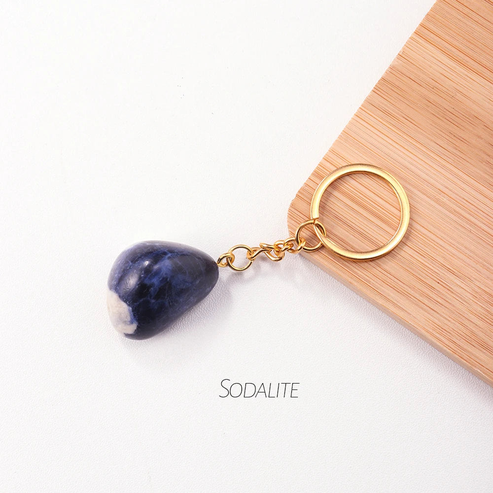 Natural Rough Stone Healing Crystal Golden Chain Keychains Amethyst Rose Quartz Pendant Gemstone KeyRing Charm for Women