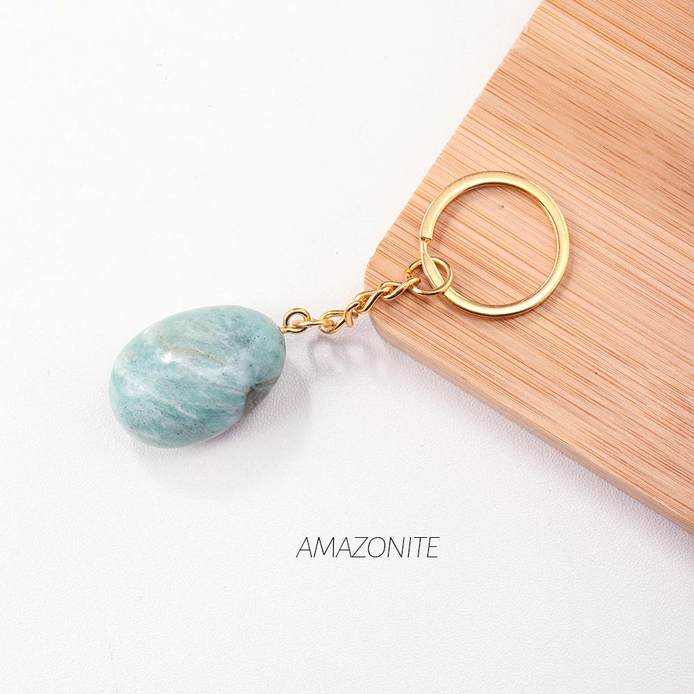 Natural Rough Stone Healing Crystal Golden Chain Keychains Amethyst Rose Quartz Pendant Gemstone KeyRing Charm for Women