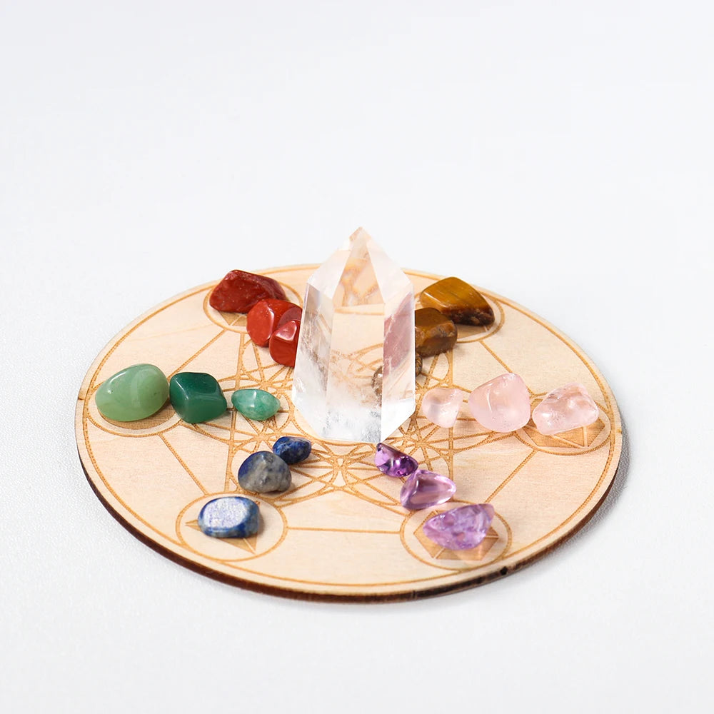 Natural Seven Chakra Crystal Gravel Yoga Wood Base Set Healing Gem Clear Quartz Energy Decoration