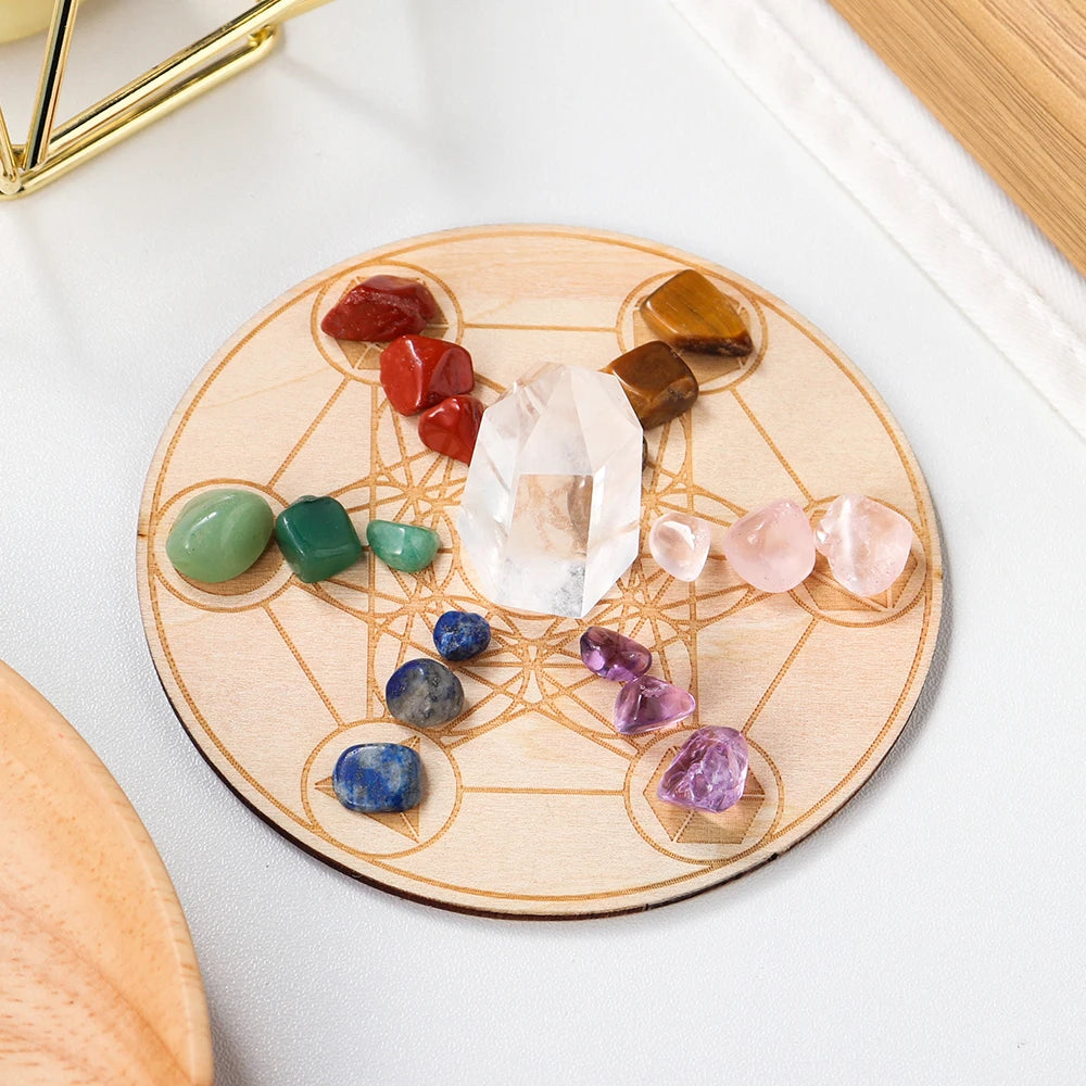 Natural Seven Chakra Crystal Gravel Yoga Wood Base Set Healing Gem Clear Quartz Energy Decoration