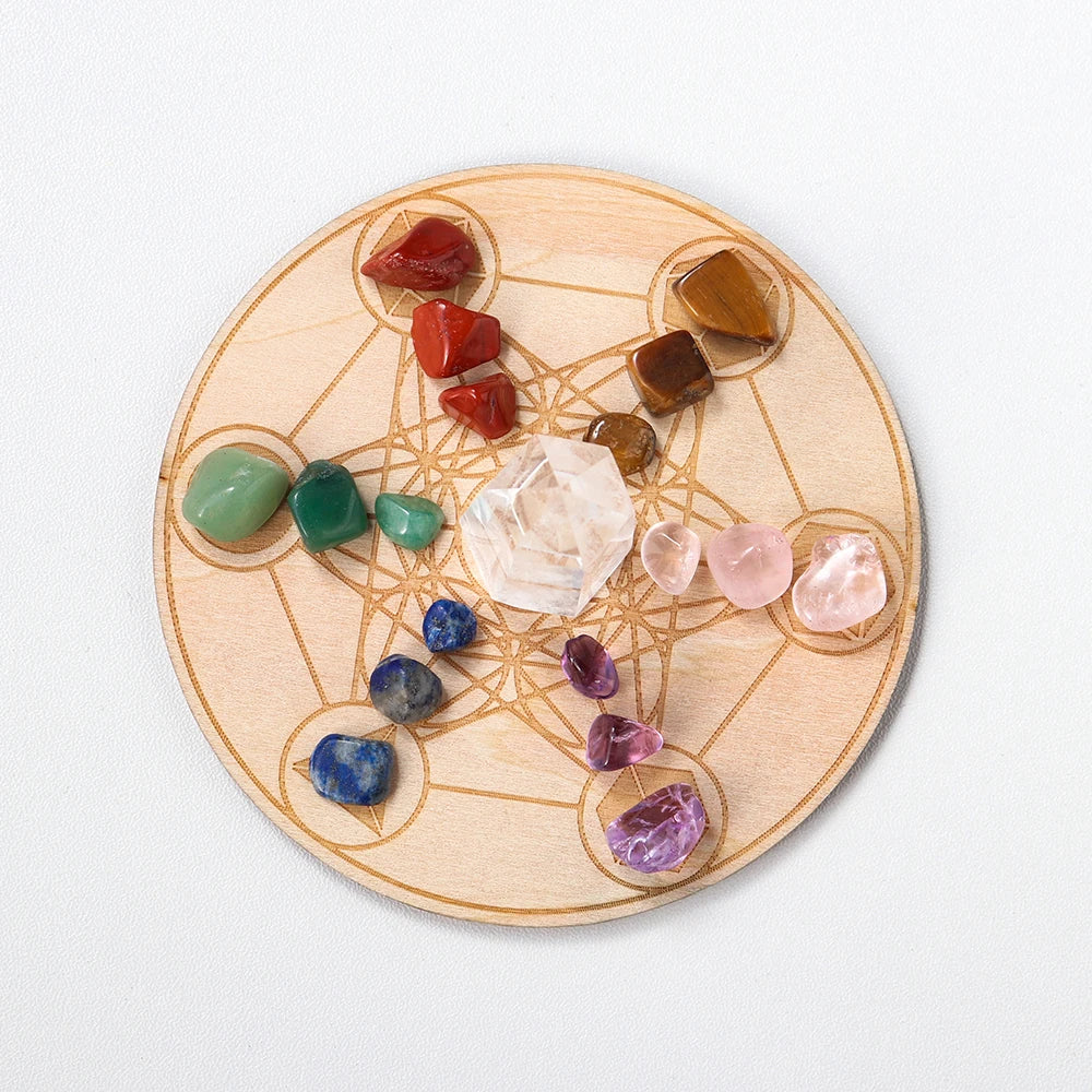 Natural Seven Chakra Crystal Gravel Yoga Wood Base Set Healing Gem Clear Quartz Energy Decoration