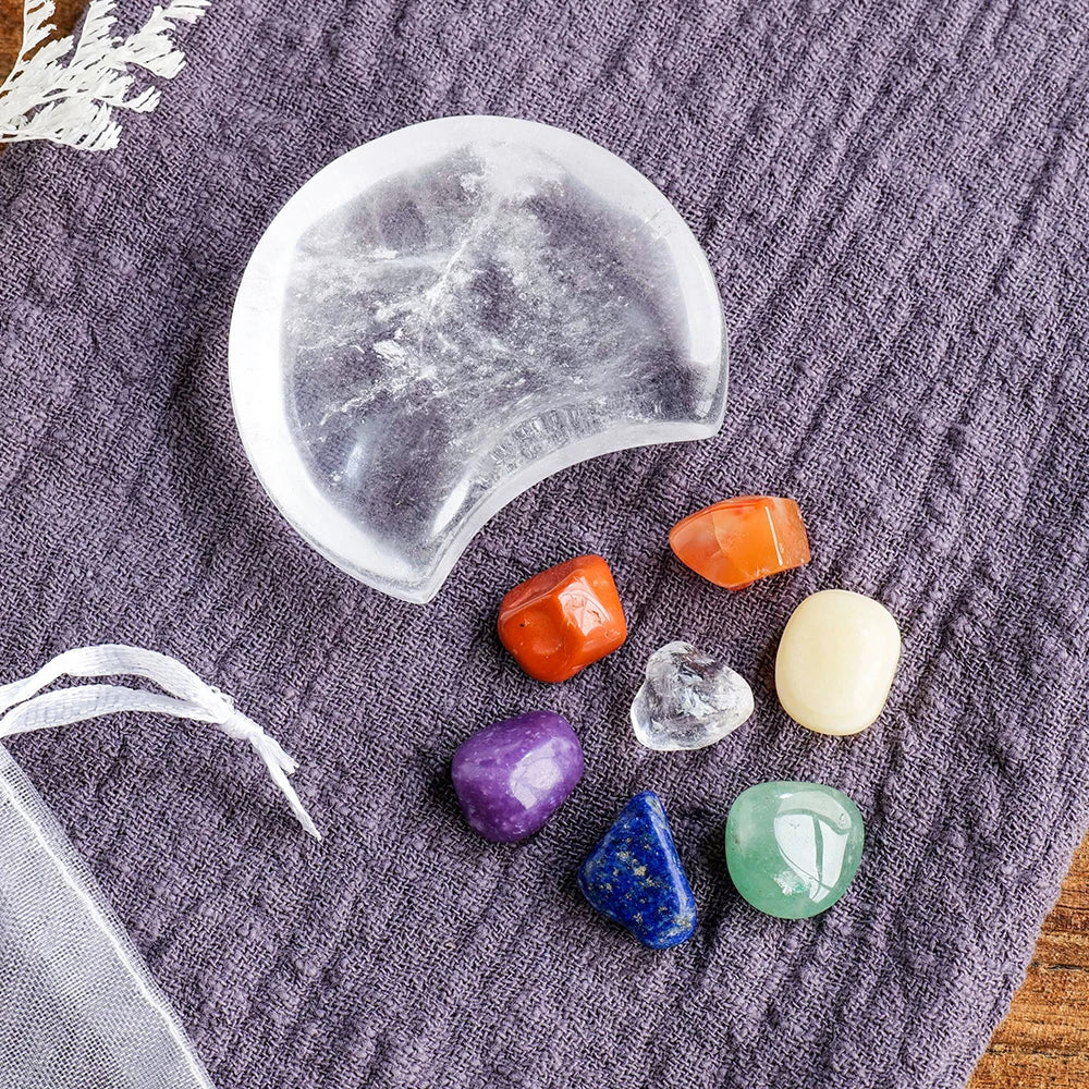 Natural Seven Chakras Health Energy Treatment Stone Clear Quartz Moon Shape Crystal Bowl For Yoga