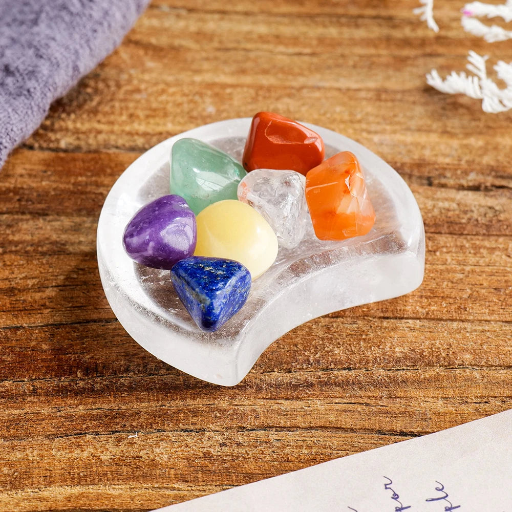 Natural Seven Chakras Health Energy Treatment Stone Clear Quartz Moon Shape Crystal Bowl For Yoga