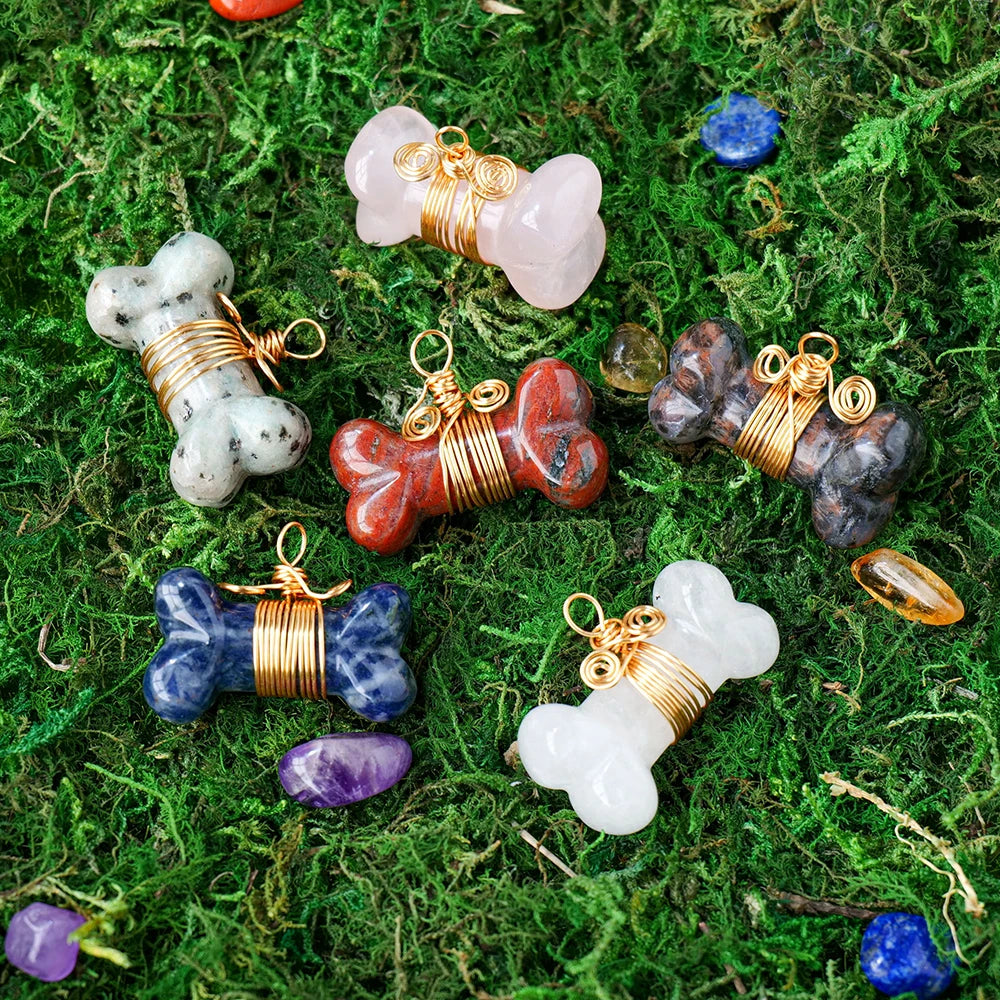 Natural Stone Dog Bone Statue Crystal Pendant Mini Handmade Carved Crafts Figurine Healing Crystal Trinket Gift Jewelry