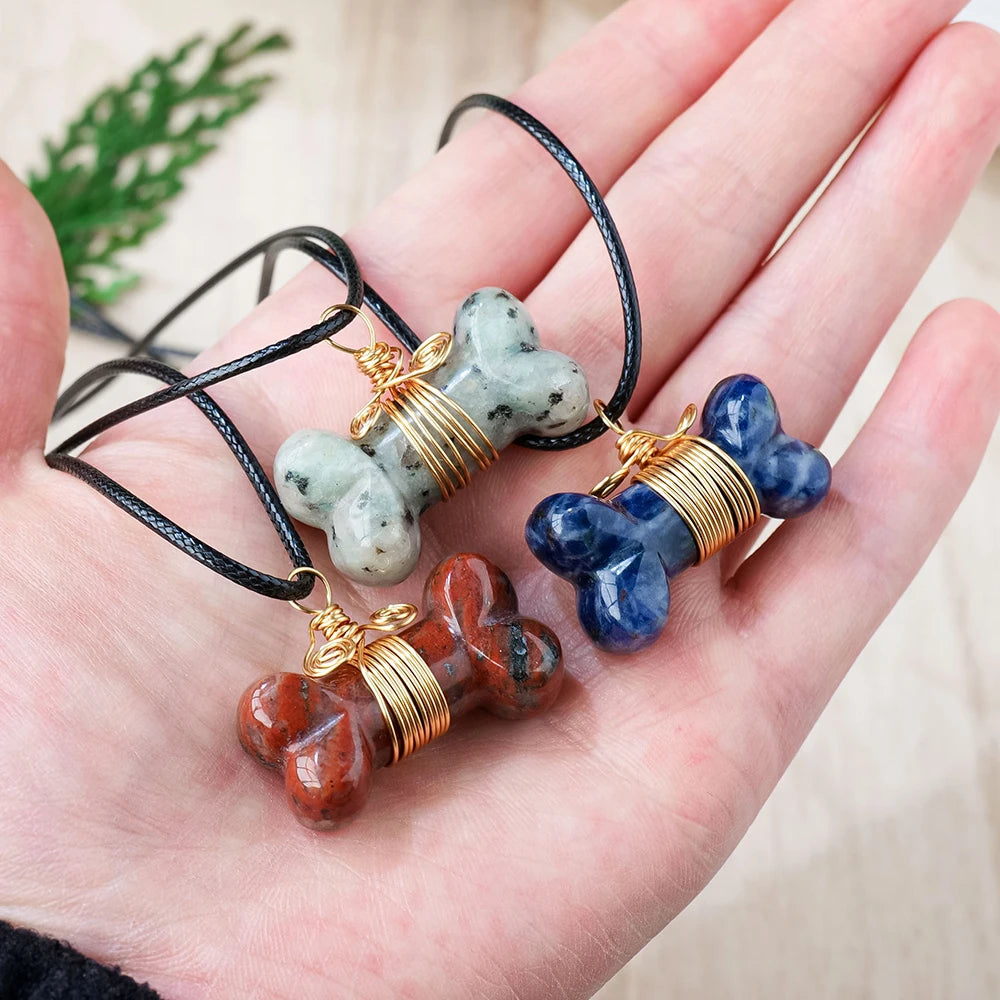 Natural Stone Dog Bone Statue Crystal Pendant Mini Handmade Carved Crafts Figurine Healing Crystal Trinket Gift Jewelry