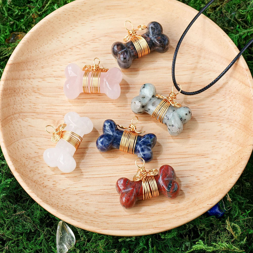 Natural Stone Dog Bone Statue Crystal Pendant Mini Handmade Carved Crafts Figurine Healing Crystal Trinket Gift Jewelry