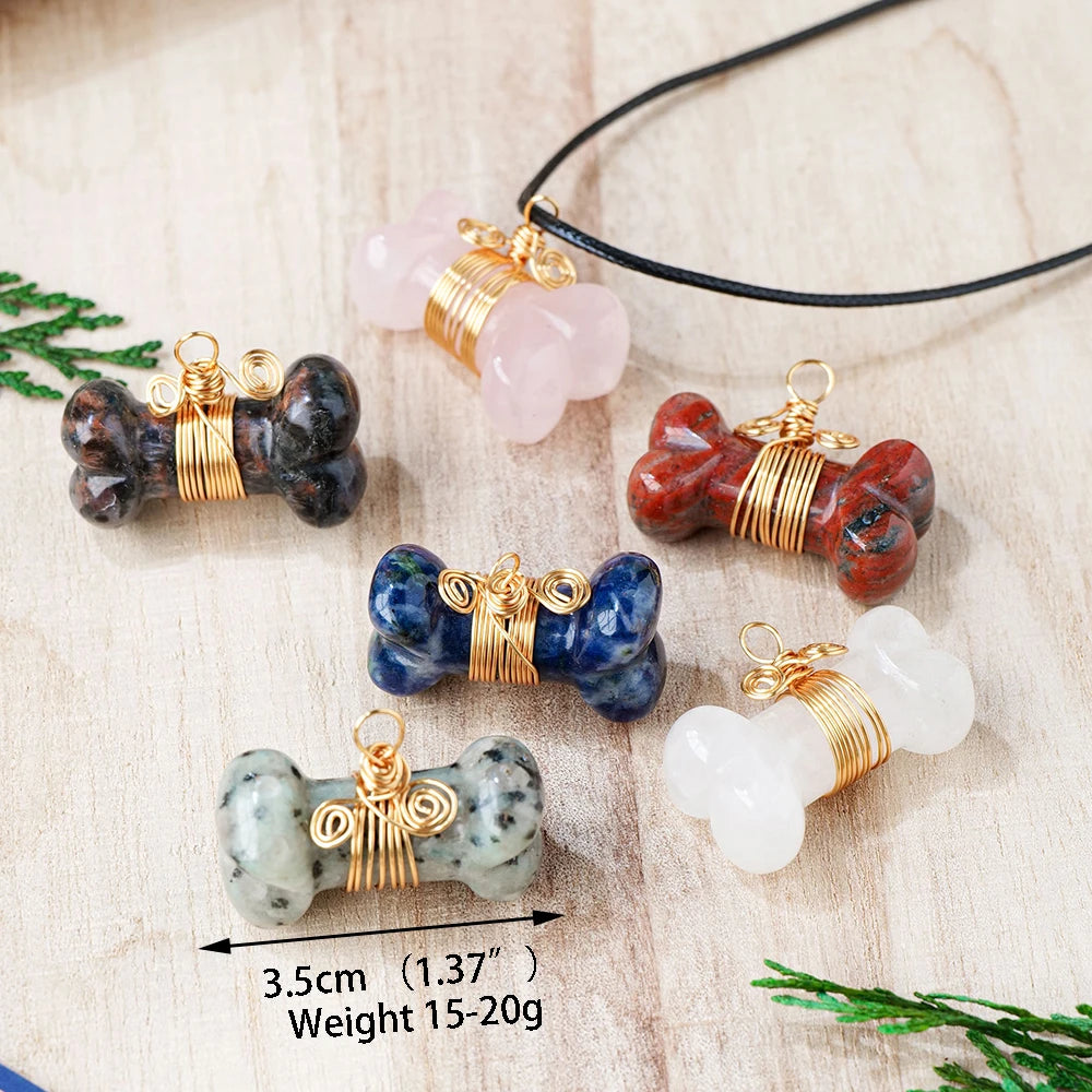 Natural Stone Dog Bone Statue Crystal Pendant Mini Handmade Carved Crafts Figurine Healing Crystal Trinket Gift Jewelry